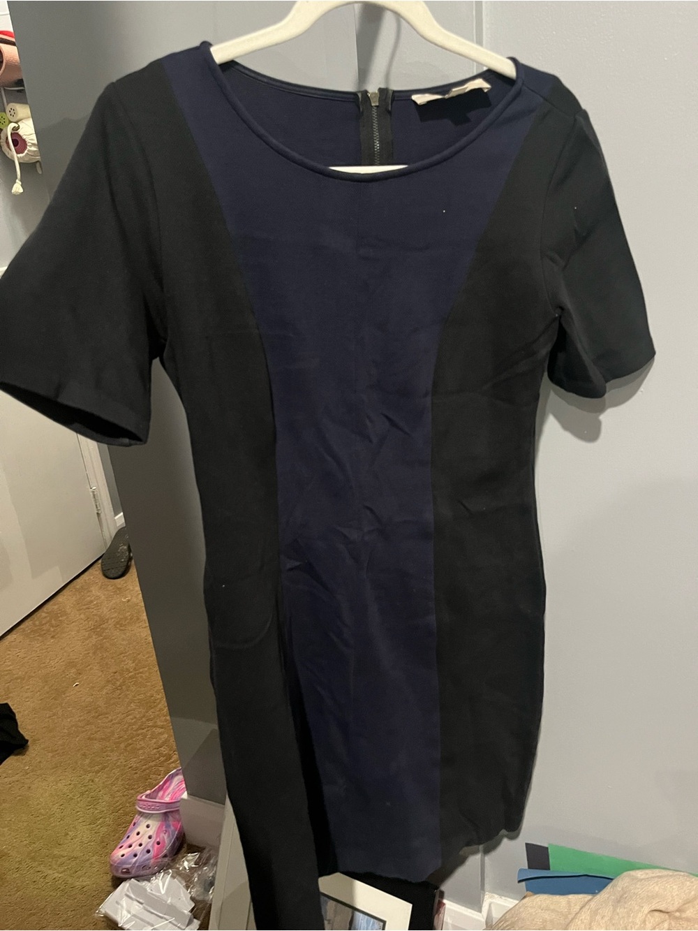 LOFT Navy and Black Short-Sleeve Panel Sheath Dress